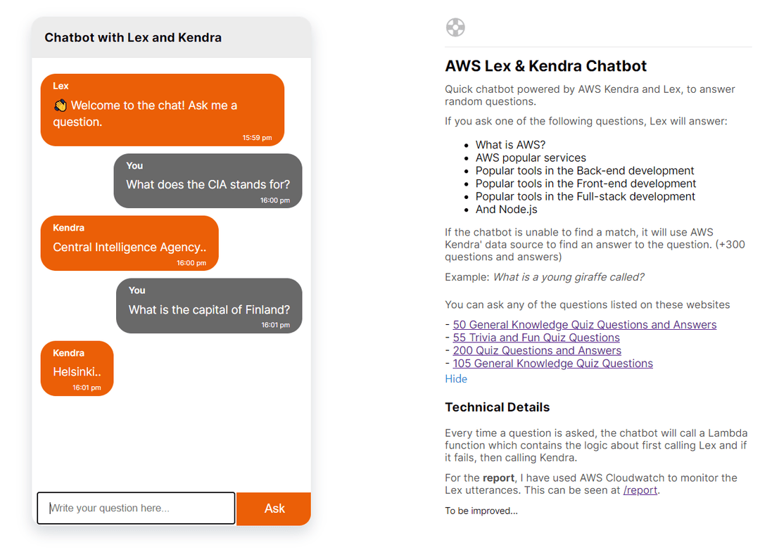 AWS ChatBot - Lambda, Lex & Kendra